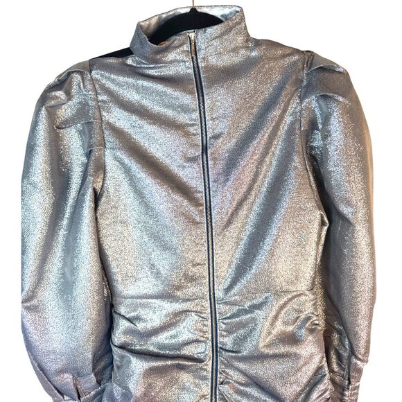 NWT Silver Choosy Dress Size 2 Long Puff Sleeve Ruched Mini Lined 100% Polyester - Picture 10 of 13